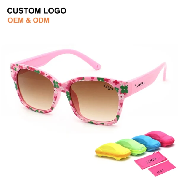 New Design Colorful Cute Flower Pattern Frame Children Girls Sunglasses Fashion UV400 Square Kids Sun Glasses for Traveling